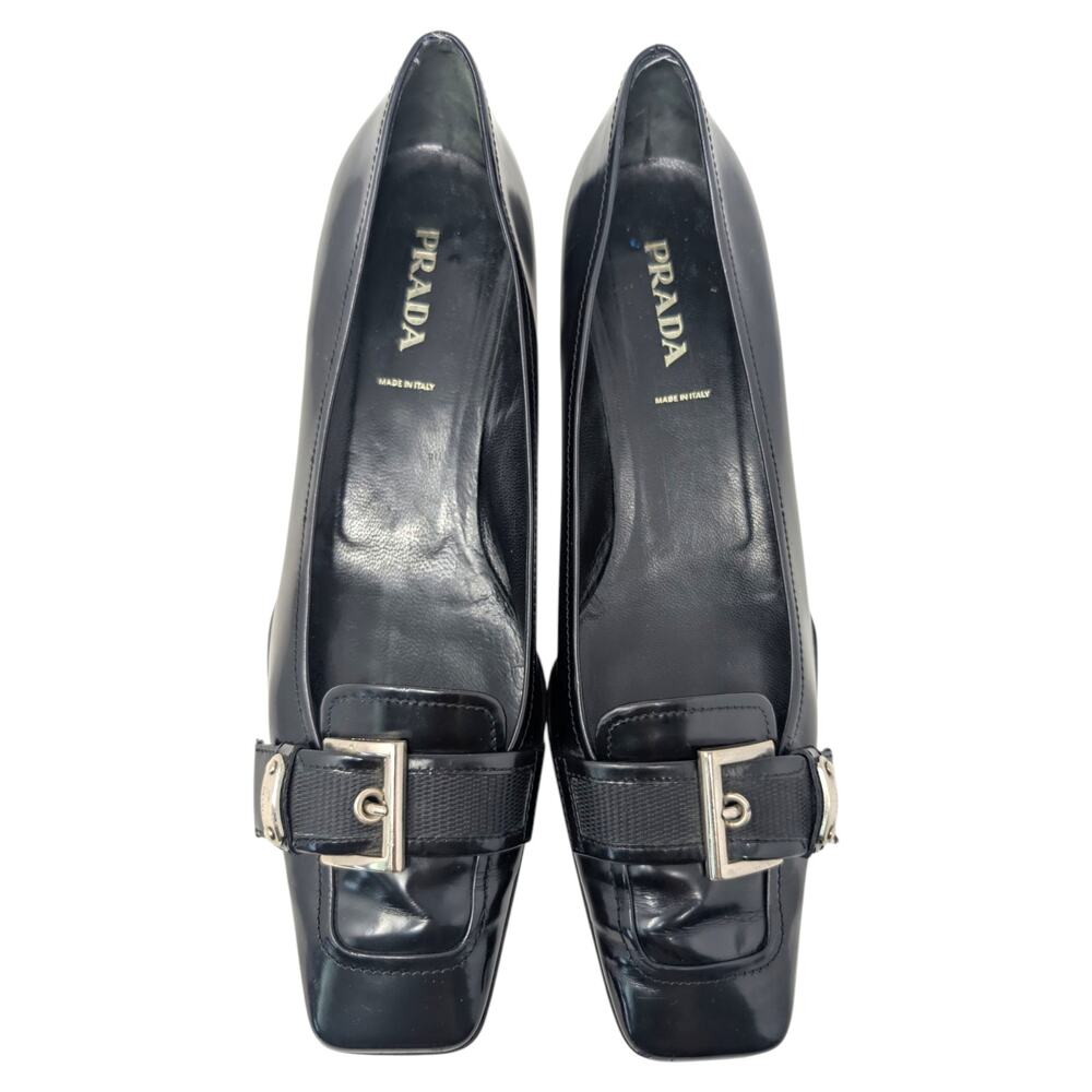 Authentic Prada Black Patent Leather Kitten Heel Loafers EU 40‎